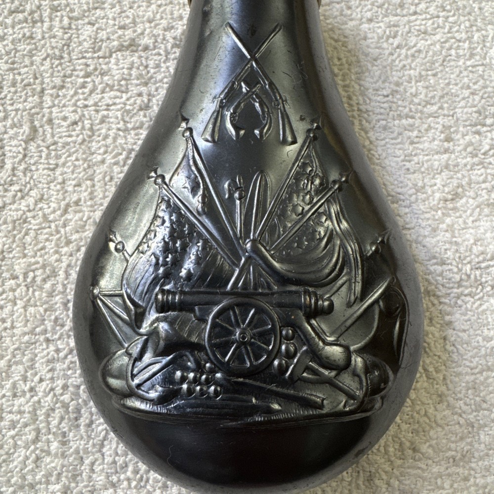 Muzzleloading Brass Black Powder Flask Artillery And Flags Embossed Vintage