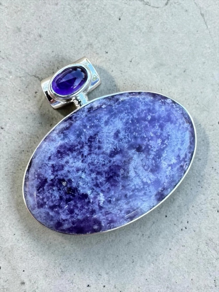Lepidolite & Amethyst Solid 925 Sterling Silver Pendant