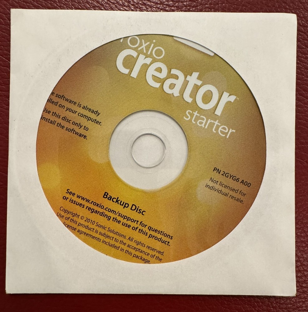 Roxio Creator Starter PN 2GYG6 AOO Back Up Disc