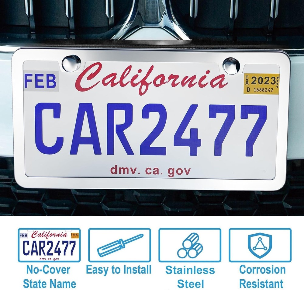 2 Pack Silver License Plate Frames Rust-Proof Universal Stainless Steel 2 Holes