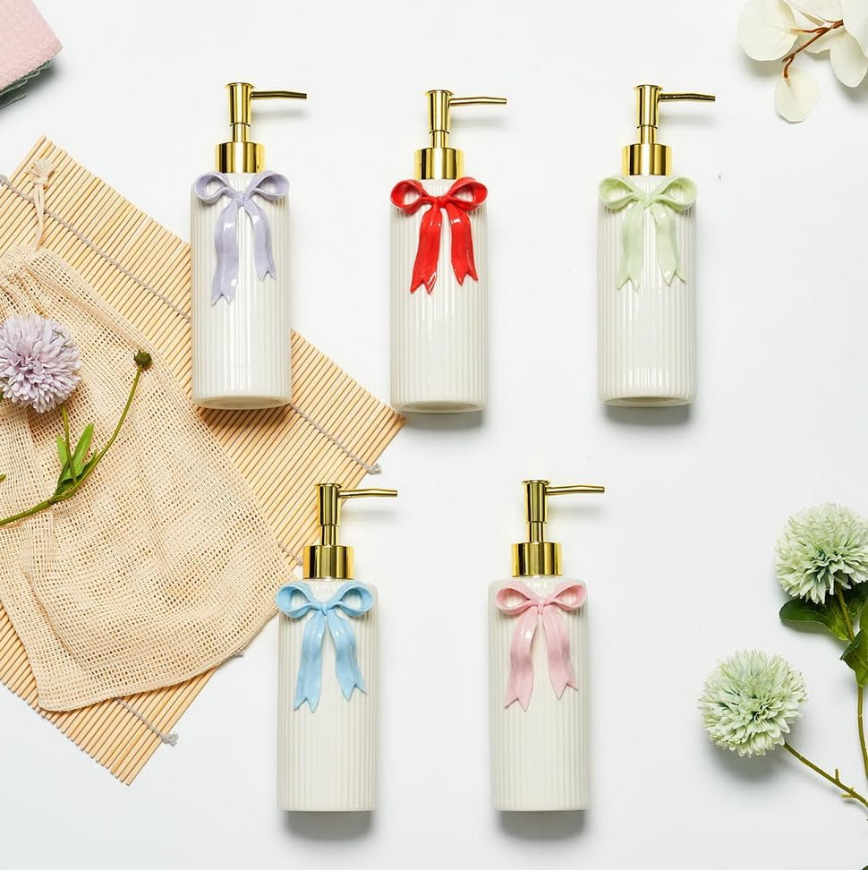 Handmade Ceramic Bow Soap Pump Dispenser Hand Lotion Liquid Dispenser Refillable