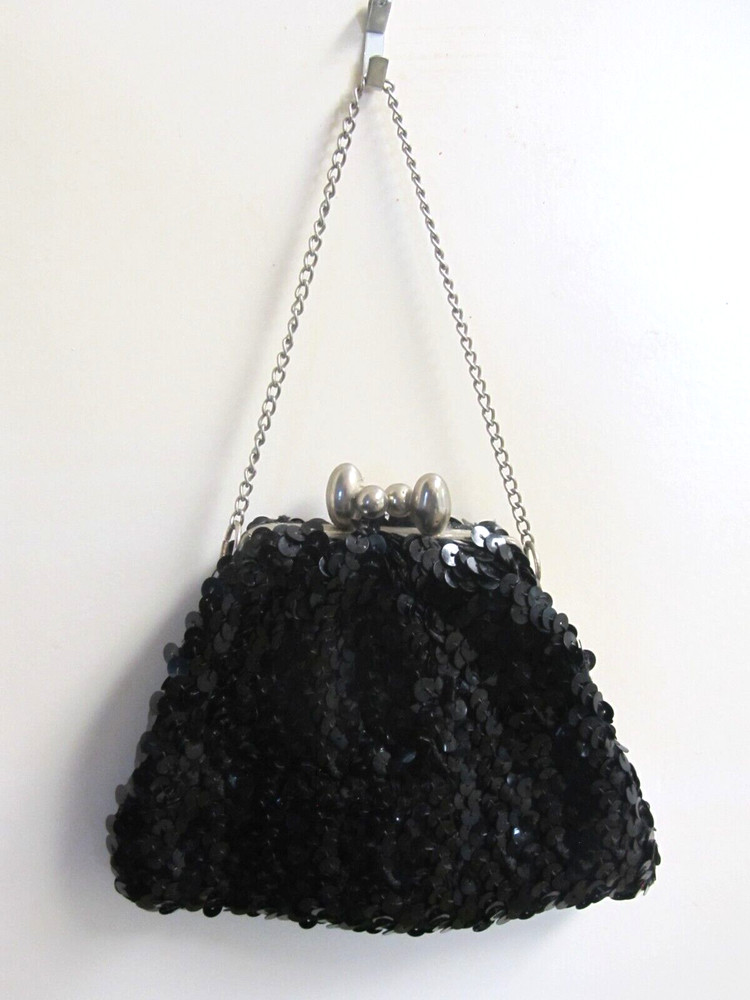 VINTAGE ANTIQUE SMALL BLACK SEQUIN HANDBAG