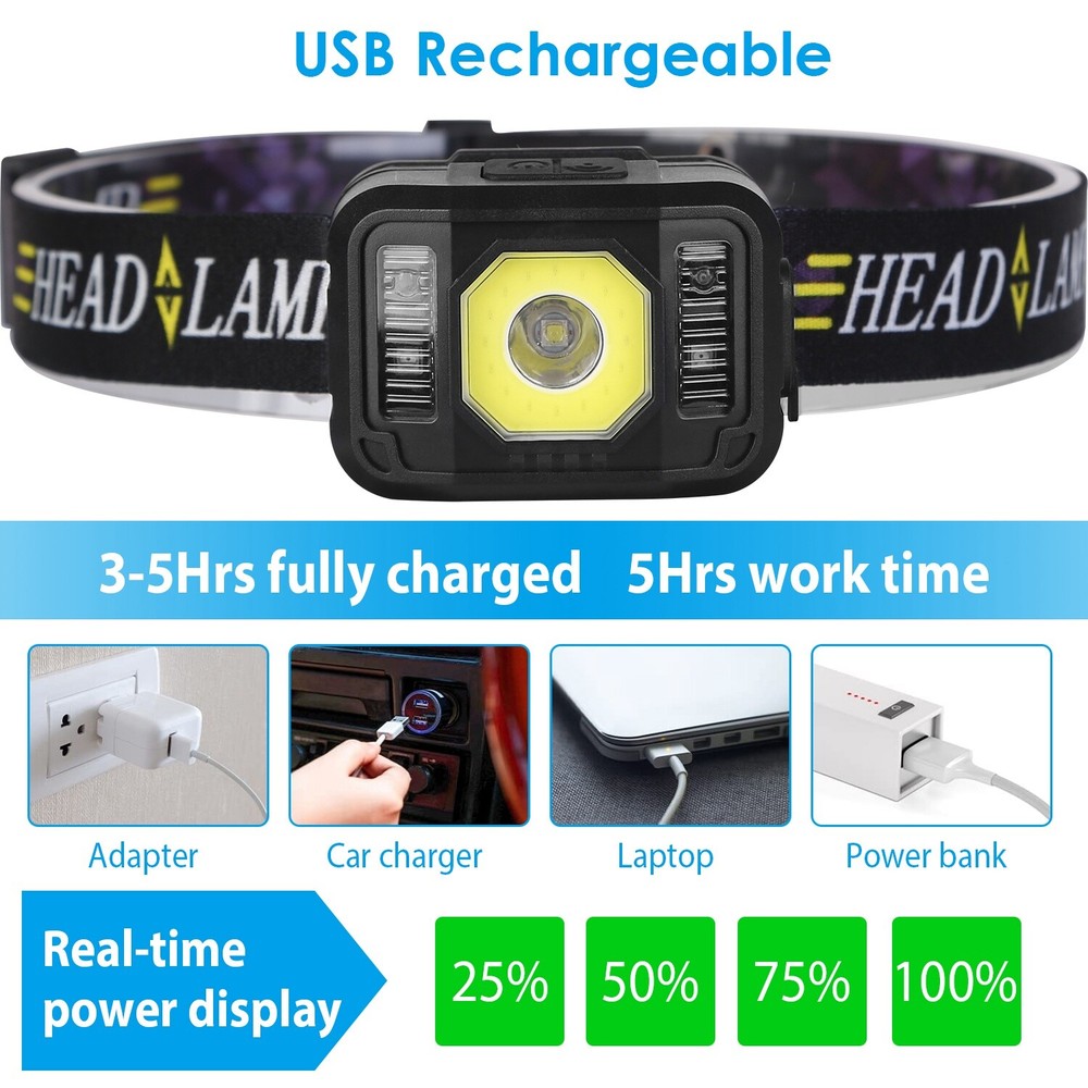 2PCS COB+LED Motion Sensor Headlamp USB Rechargeable Headlight Torch Flashlight