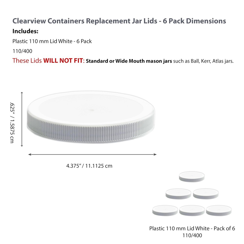 110mm White Plastic 6 Pack Replacement Lids with Leak Proof Liner - 110/400 P...