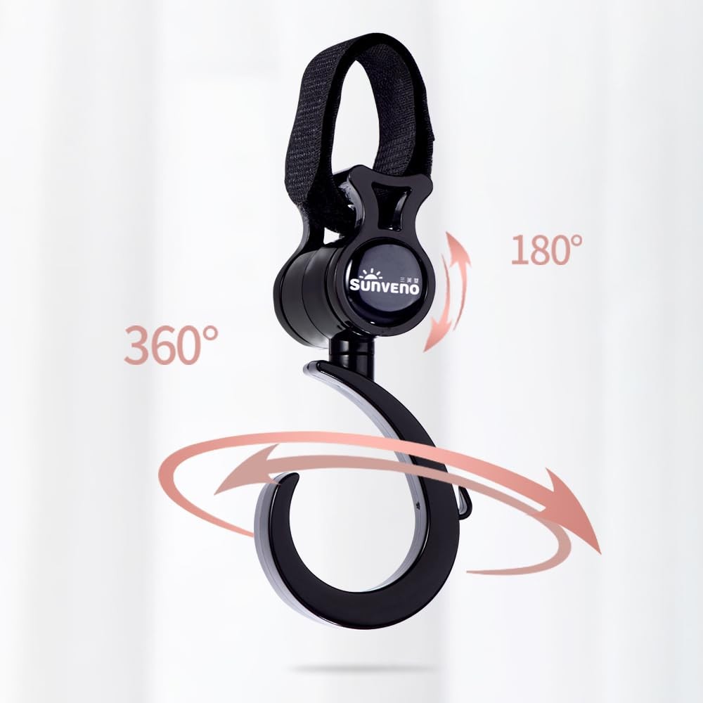 SUNVENO Stroller Hooks 2 Pack, 360° Rotating Universal 2 Black