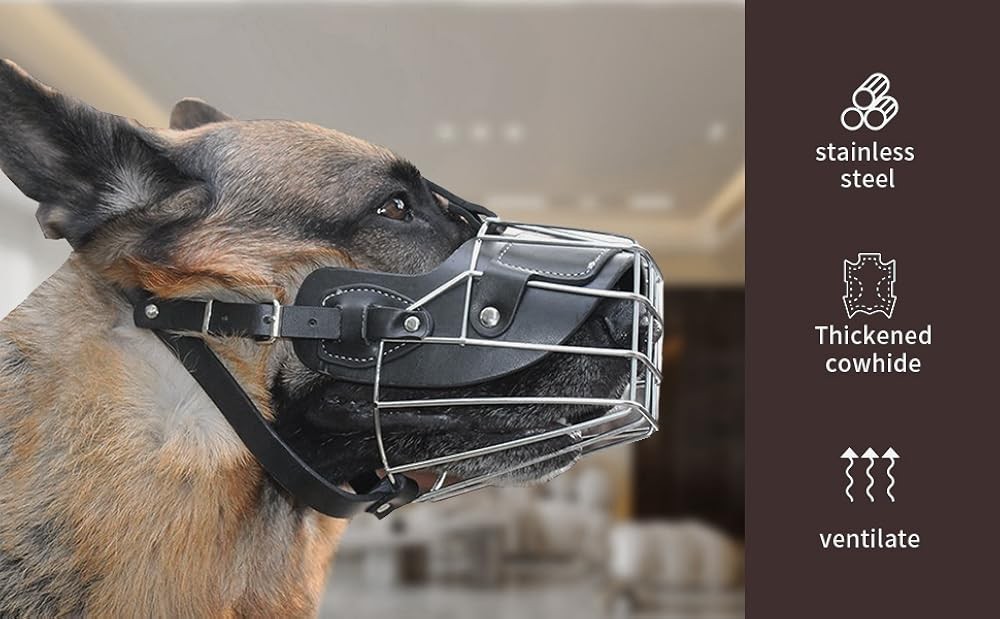 Dog Muzzle- Adjustable Durable Metal Basket, Leather Muzzle, Dog Muzzle