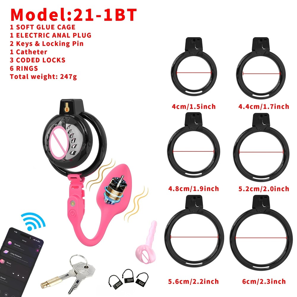 Soft Silicone Chastity Cage with 6 Size Ring App Control Plug Comfortable