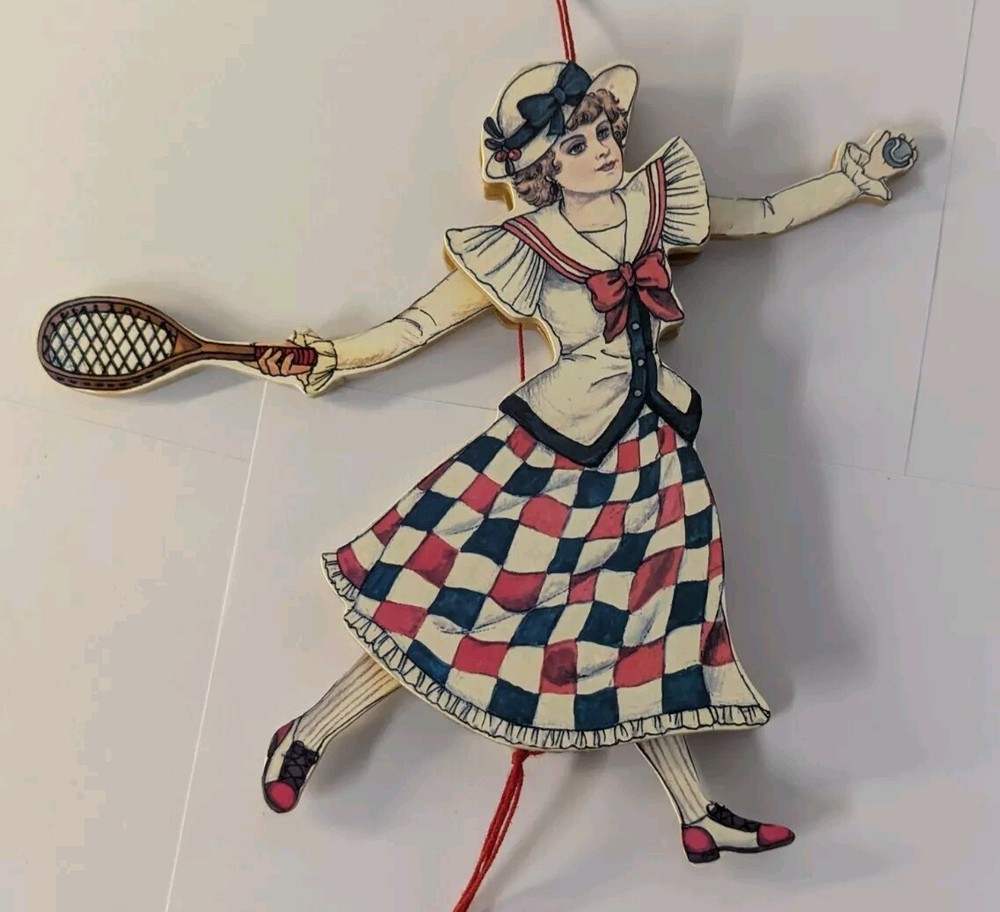 Vintage Wooden Pull String Toy Ornaments x3