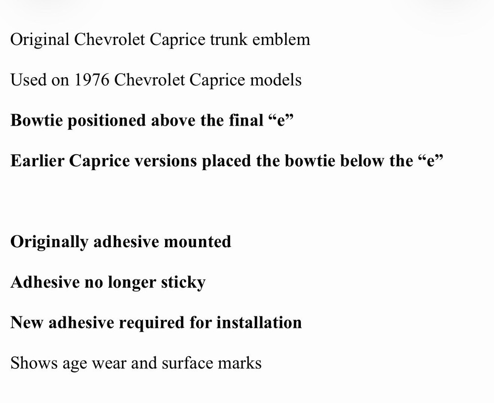1976 Chevrolet Caprice Trunk Emblem Script 5" Bowtie Above “E”
