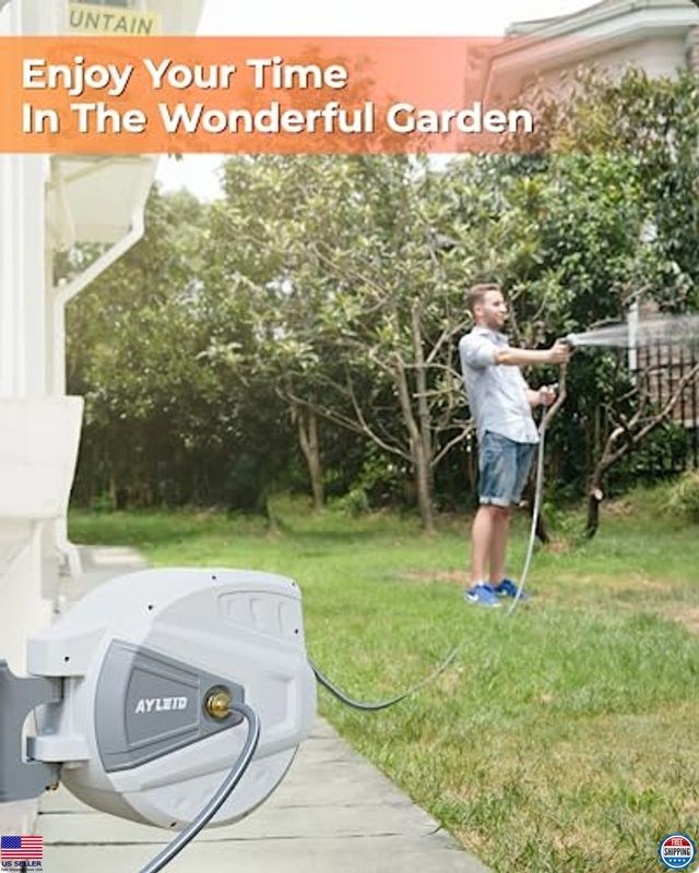 Retractable Garden Hose Reel 100FT with 9-Function Nozzle & Wall Mount Bracket