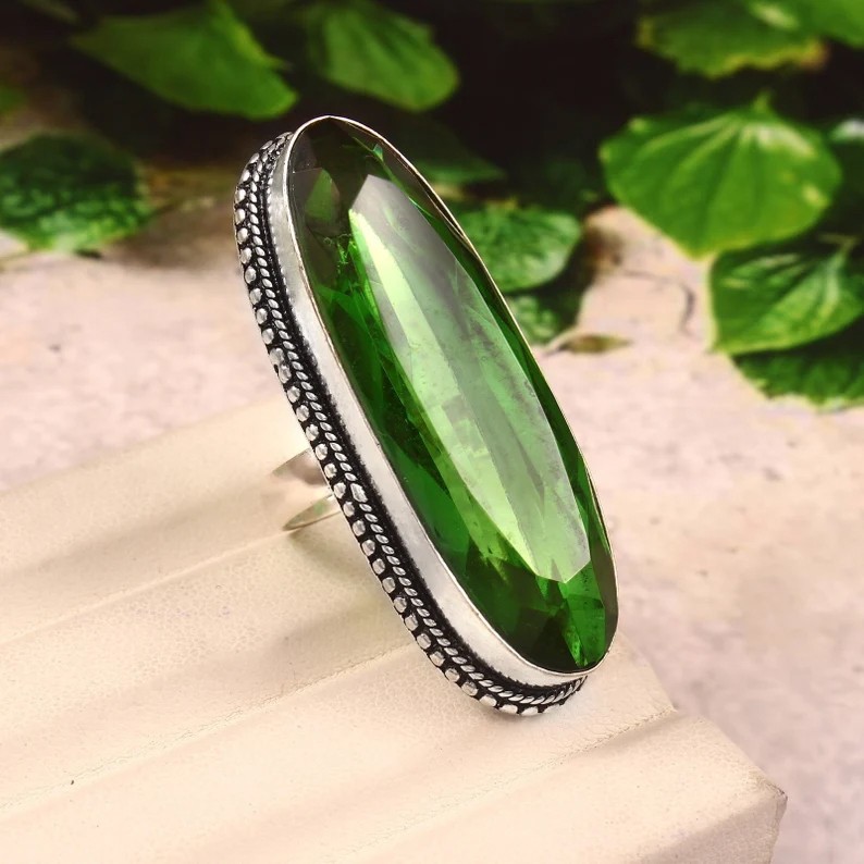 Solid 925 Sterling Silver Peridot Long Green Gemstone Statement Handmade Ring
