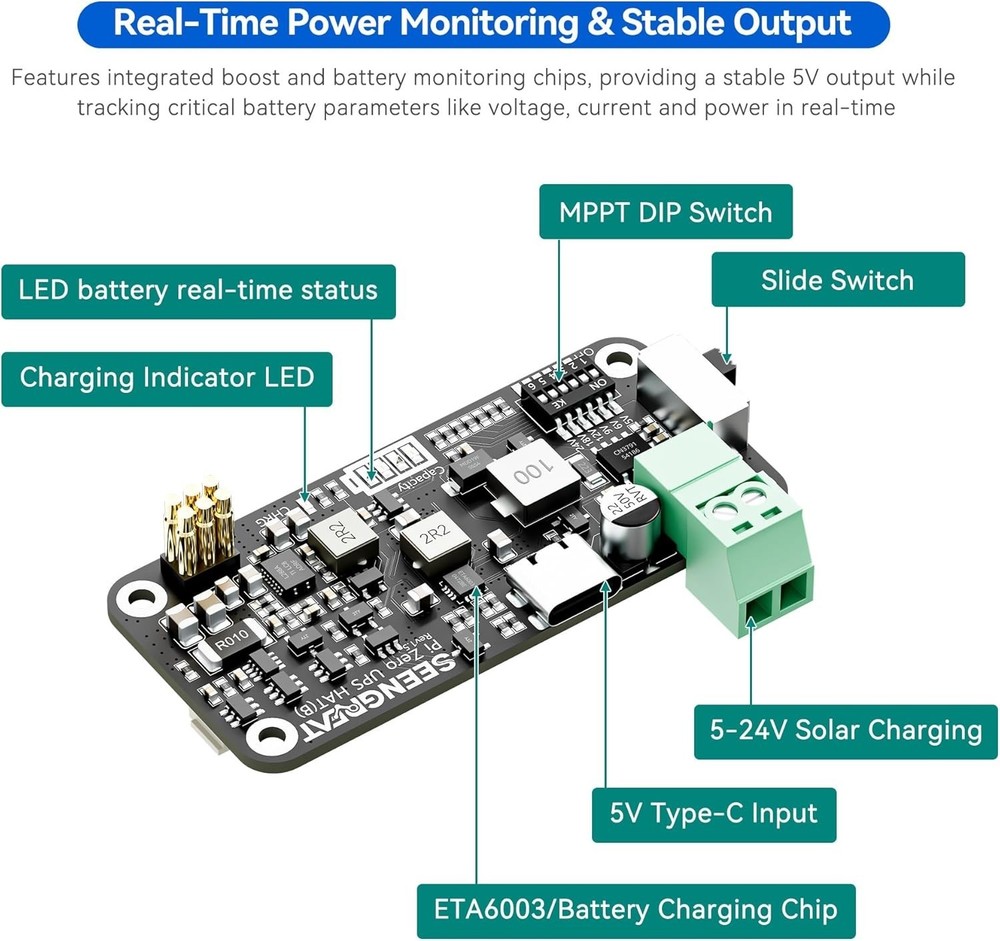 UPS HAT B Power Management Board with Solar MPPT for Raspberry Pi Zero Projects