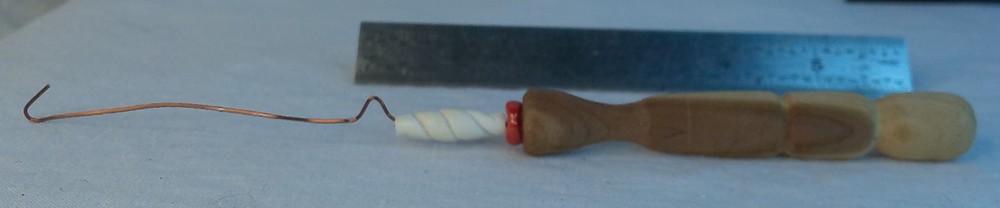 Hand turned wooden orifice hook for spinning wheel cedar handle bendable wire