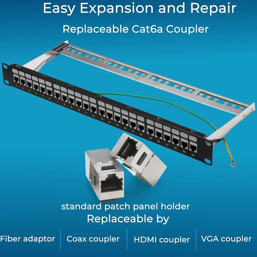 Rapink Patch Panel 24 Port Cat6A with Inline Keystone 10G Support, Coupler Patch