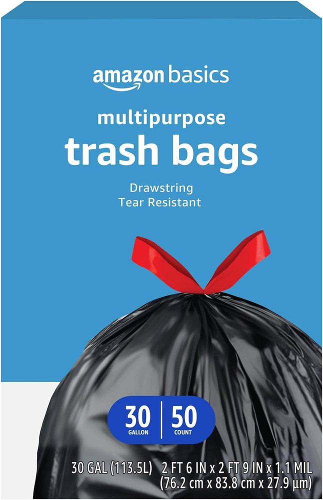 Multipurpose Drawstring Trash Bags, 30 Gallon Capacity, Tear Resistant, 50 Count