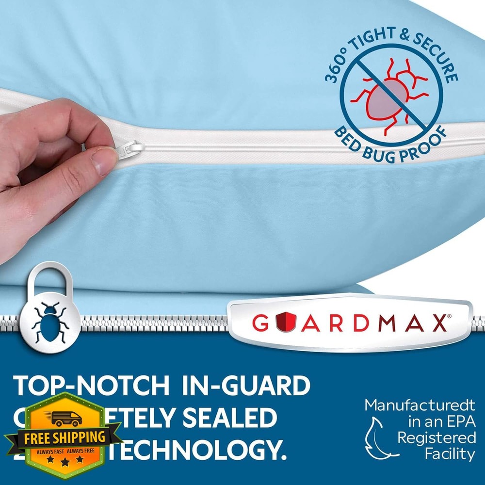 Guardmax King Pillow Protector Waterproof Zippered Bed Bug 8pk 20x36 Blue