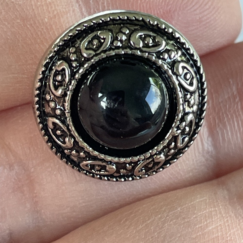 Set 5 Silver Tone Plastic Buttons Black Cabochon Medium 3/4”