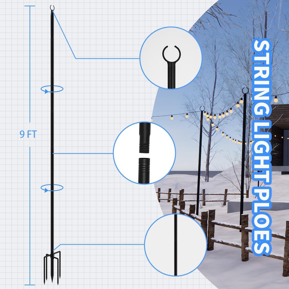 4 Pack 9FT String Light Poles for Outdoor Use, Rustproof Waterproof Black