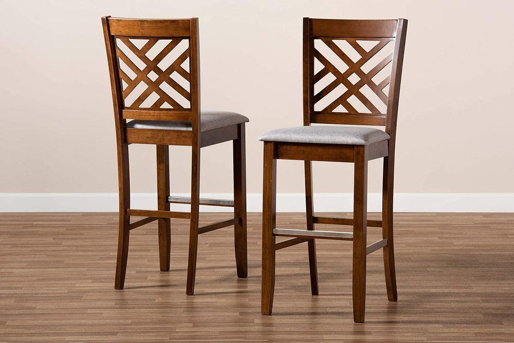 Modern Grey Fabric & Walnut Bar Stool Set - 2-Piece Design