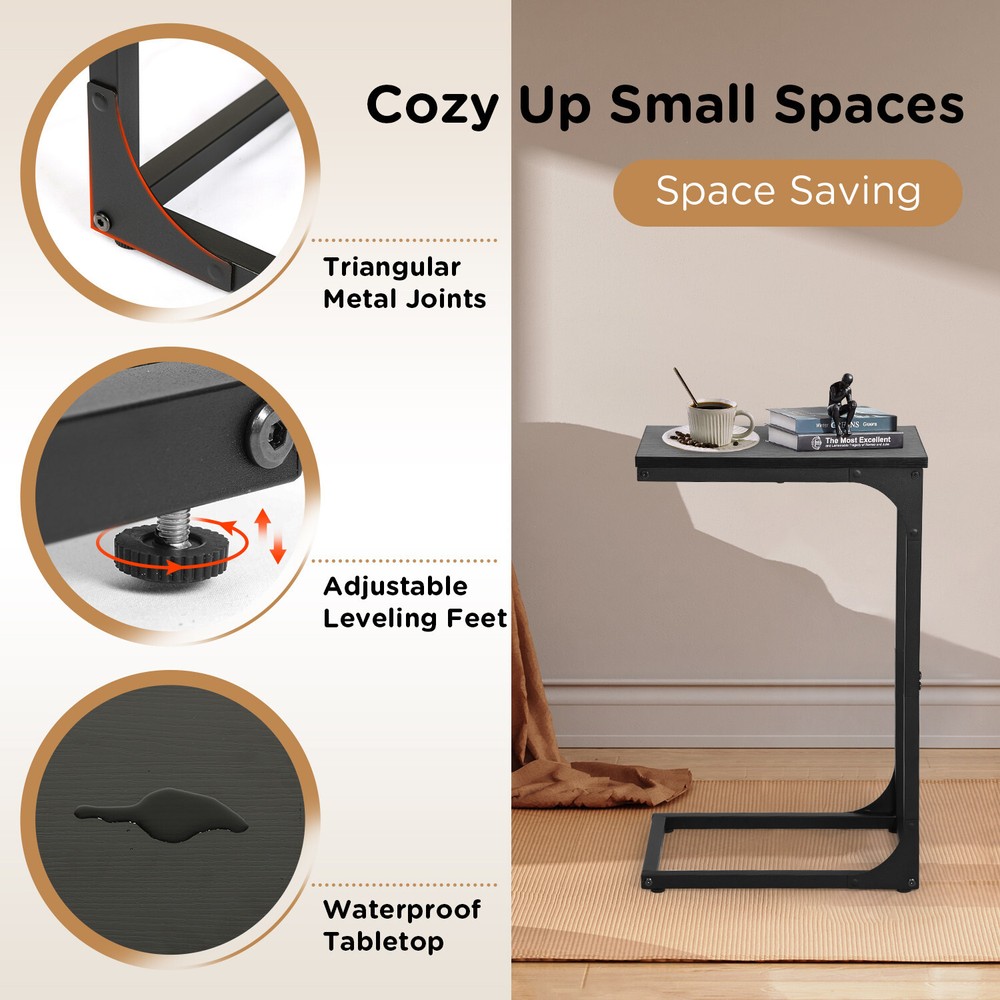 C Shaped End Table with Adjustable Feet, Small Side Table for Couch, Sofa Table