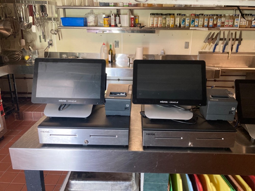 5 Micros 3700 POS Terminals with printers, 2 cash drawers, 4 kitchen printers. 