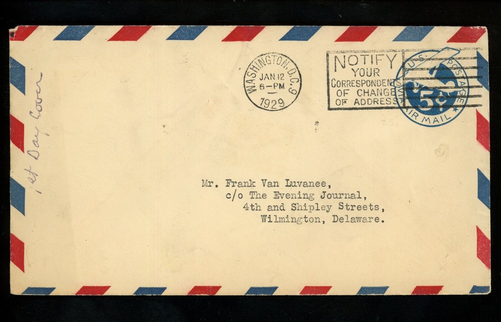 US FDC #UC1 Unknown 1929 Washington DC Monoplane Blue