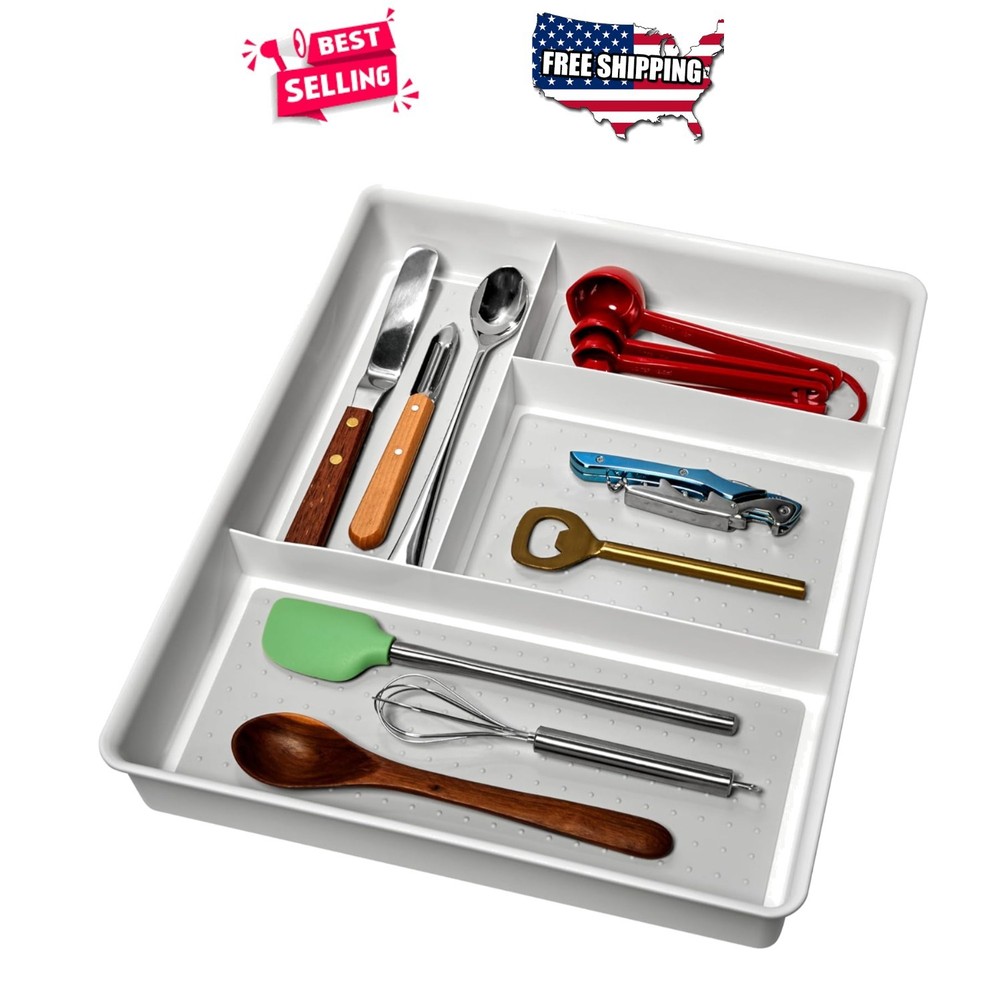 Multipurpose Drawer Organizer 4 Compartment Plastic Non-Slip Storage Tray White