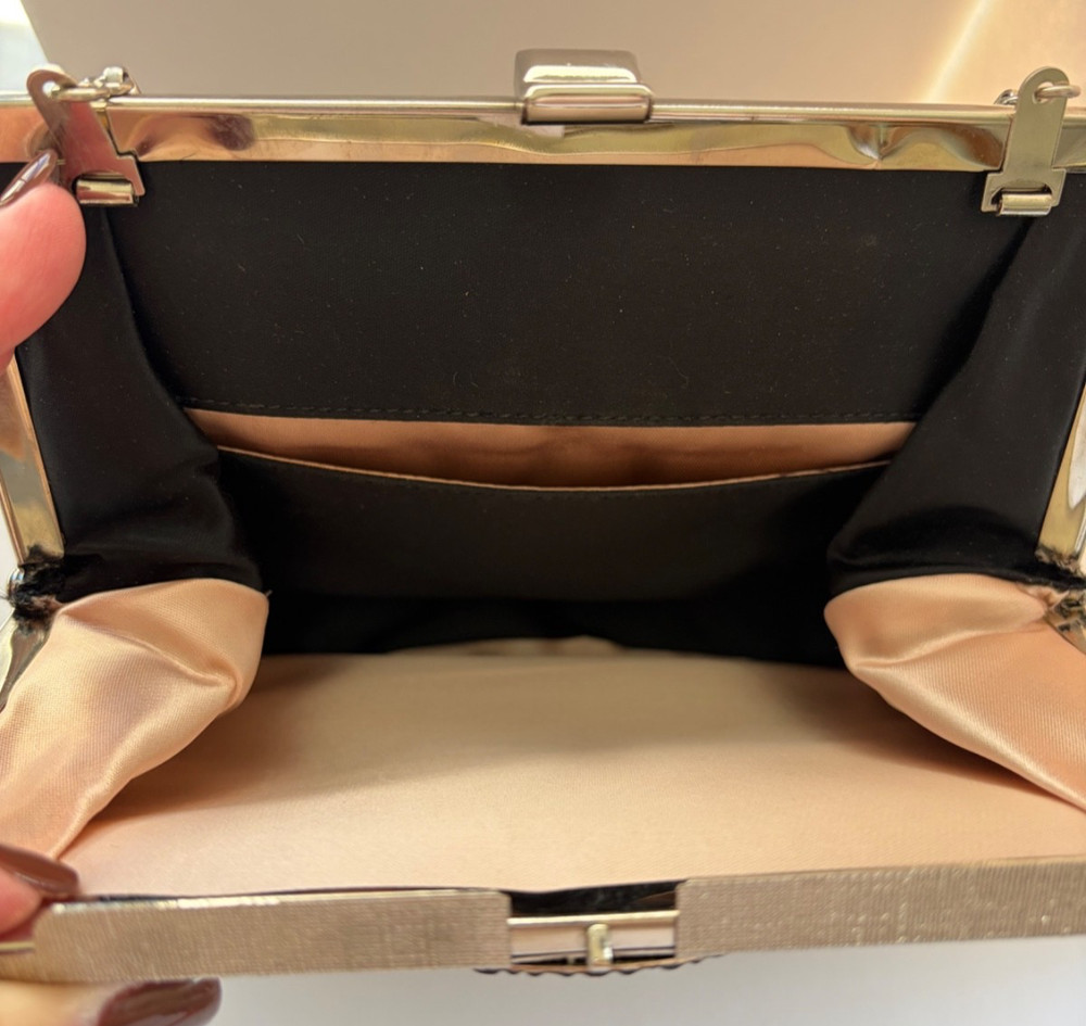 Vintage Black Fabric With Silver Tone Brushed Frame, Peach Interior,Chain Handle