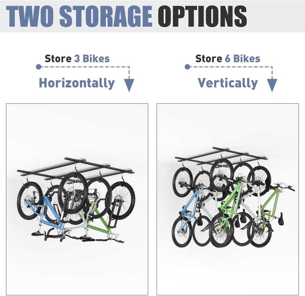 Garage Ceiling Bike Rack, Adjustable Overhead Bicycle Storage System – Stores 3
