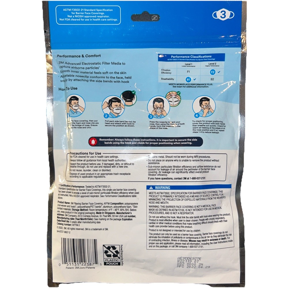 3M Filtering Barrier Face Covering, AFFM-3, One Size, 3/Pack , White