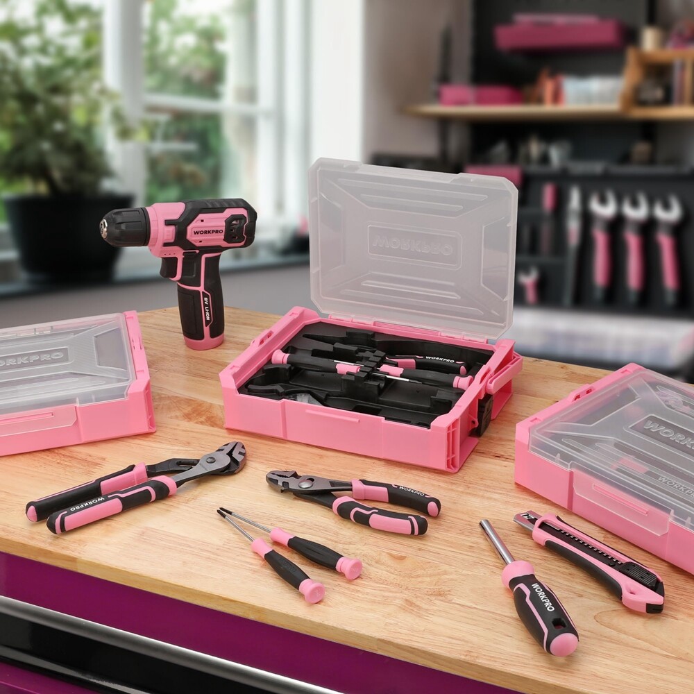 WORKPRO 8V Pink Cordless Drill Driver 43PCS Tool Set Lithium-ion Power Drill Bit
