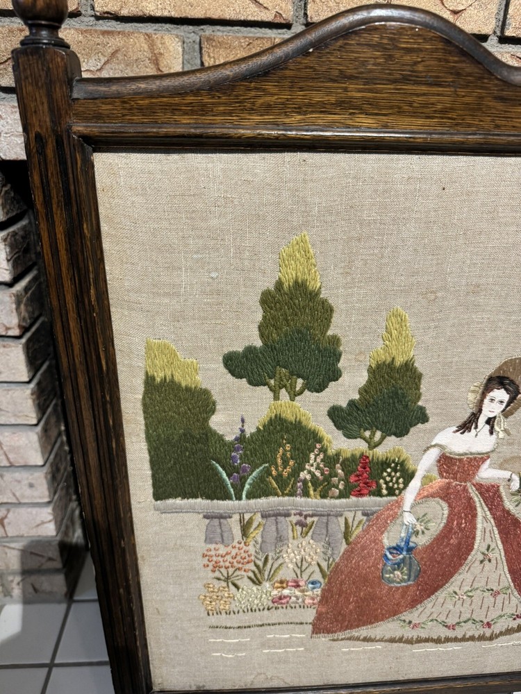 Needlepoint Fireplace Wood Frame Screen, Victorian Theme.