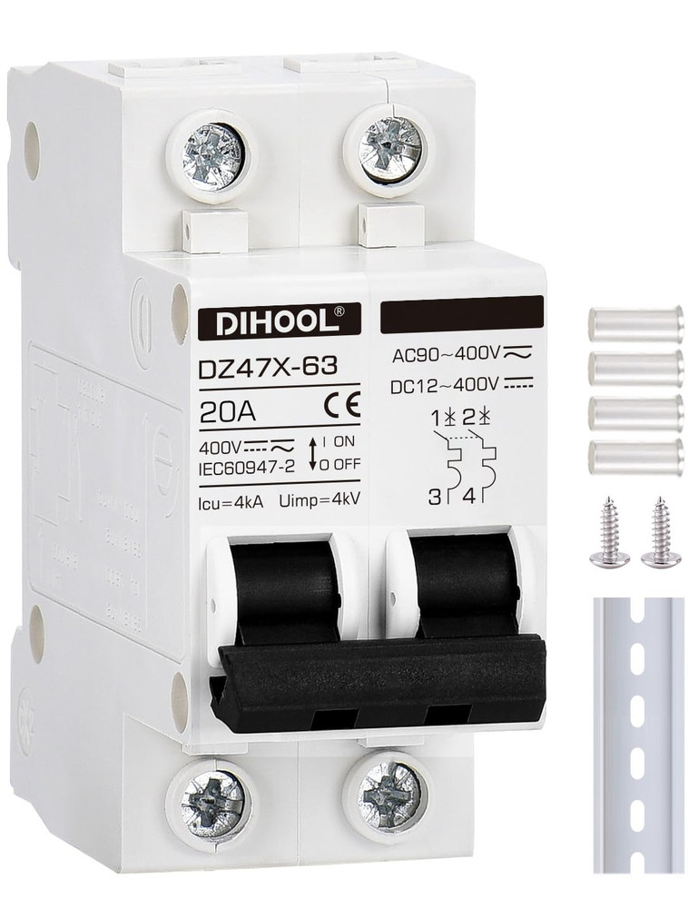 DIHOOL Solar Disconnect Switch, 20 Amp 2 Pole, DIN Rail Mount, Non Polarized, 12