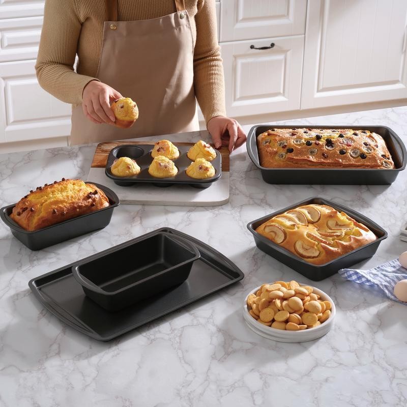 6Piece Non-Stick Bakeware Set Carbon Steel Easy Release Durable Baking Pans Gray