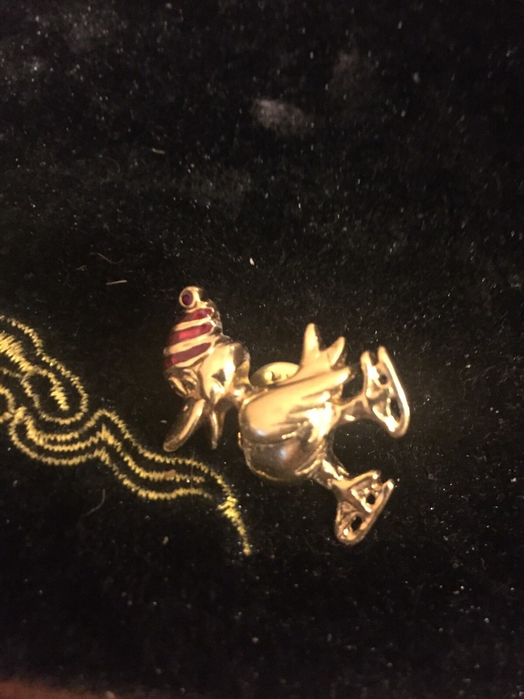 Gold Plated And Enamel Skating Duck Brooch