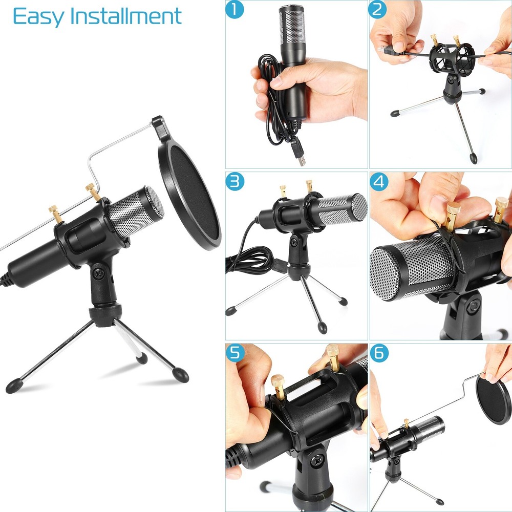 USB Condenser Microphone w/ 180° Tripod For Game Chat Audio Recording Computer
