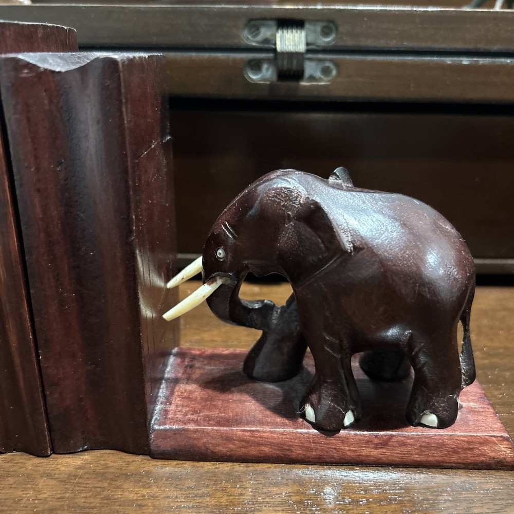 Pair Of Vintage Solid Wood Elephant Bookends