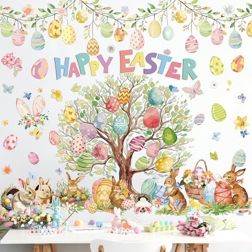 2 Pcs Large Easter Eggs Tree Wall Decals 44 x 32 Happy Rabbit Easter Bunny