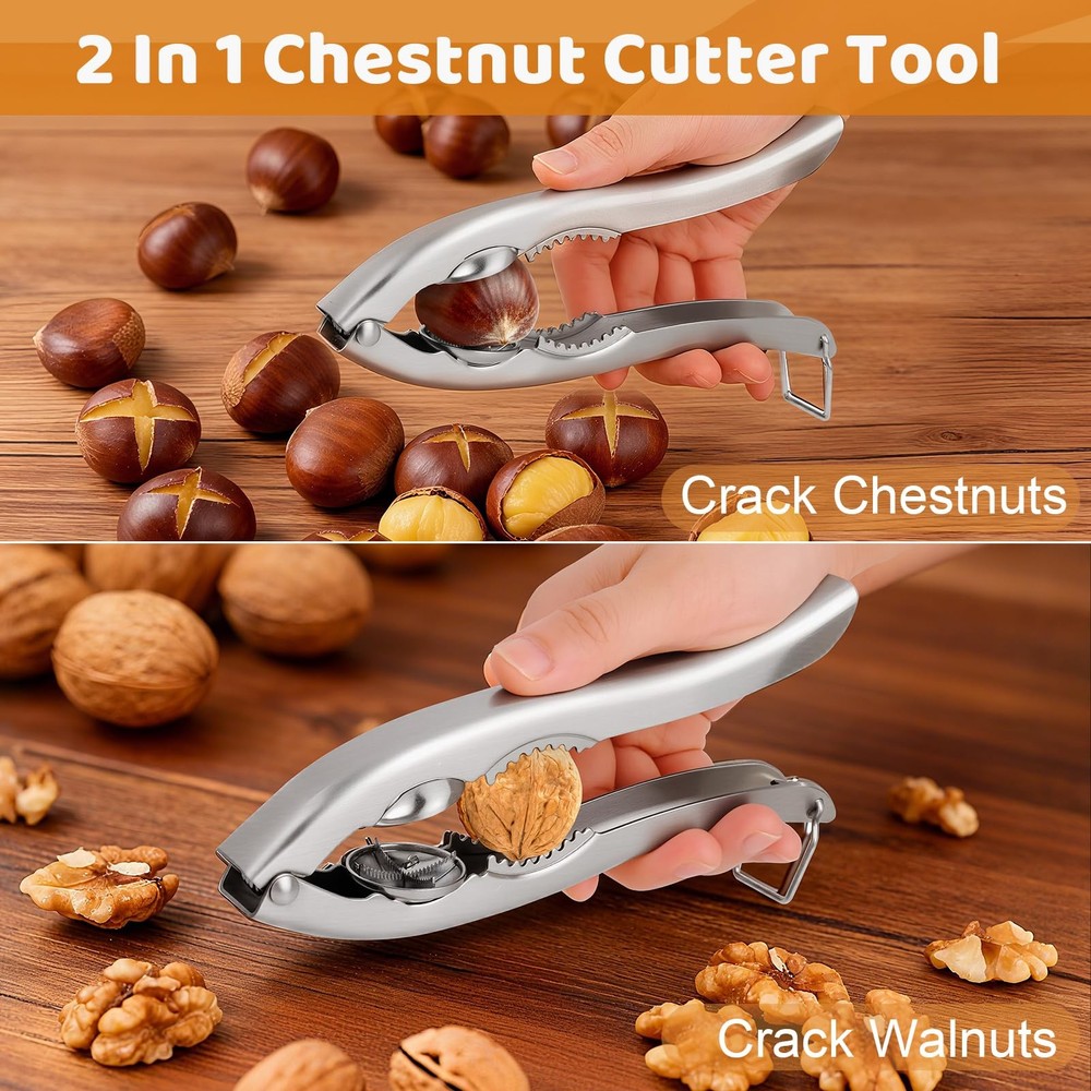 Upgraded 2 In 1 Chestnut Cutter Tool and Nut Cracker for All Medium, Silver