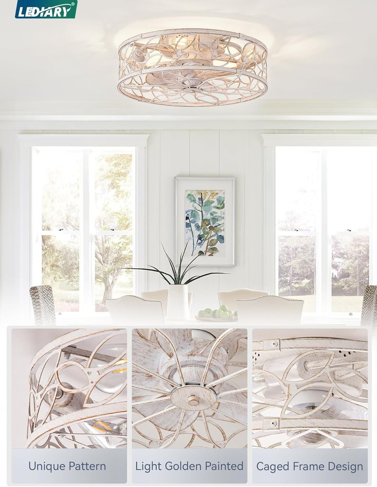Caged Ceiling Fans with Lights, White Flush Mount Ceiling Fan with Remote&App...