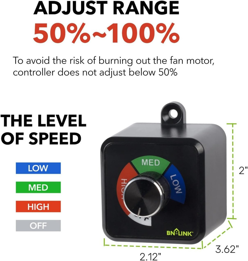 BN-LINK Variable Fan Speed Controller, Plug-In Electric 3 Speed Regulator Adjust