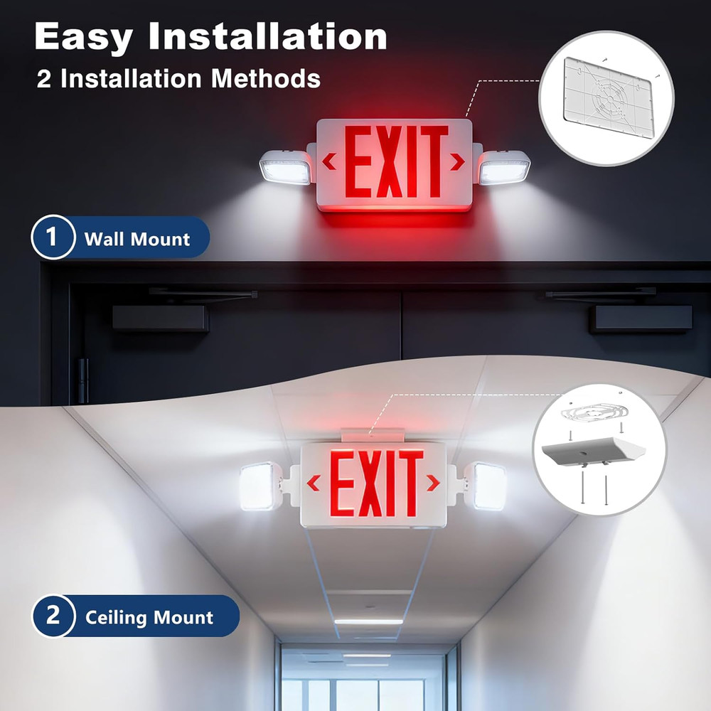 Exit Signs with Emergency Lights, Adjustable Double Head - Hardwired with Batter