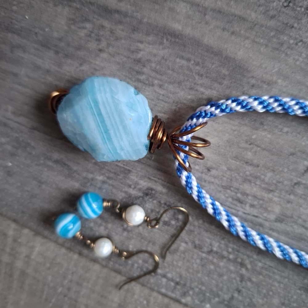 Statement Wire Wrapped Boho Blue Stone Style Necklace And Earrings Set Boho