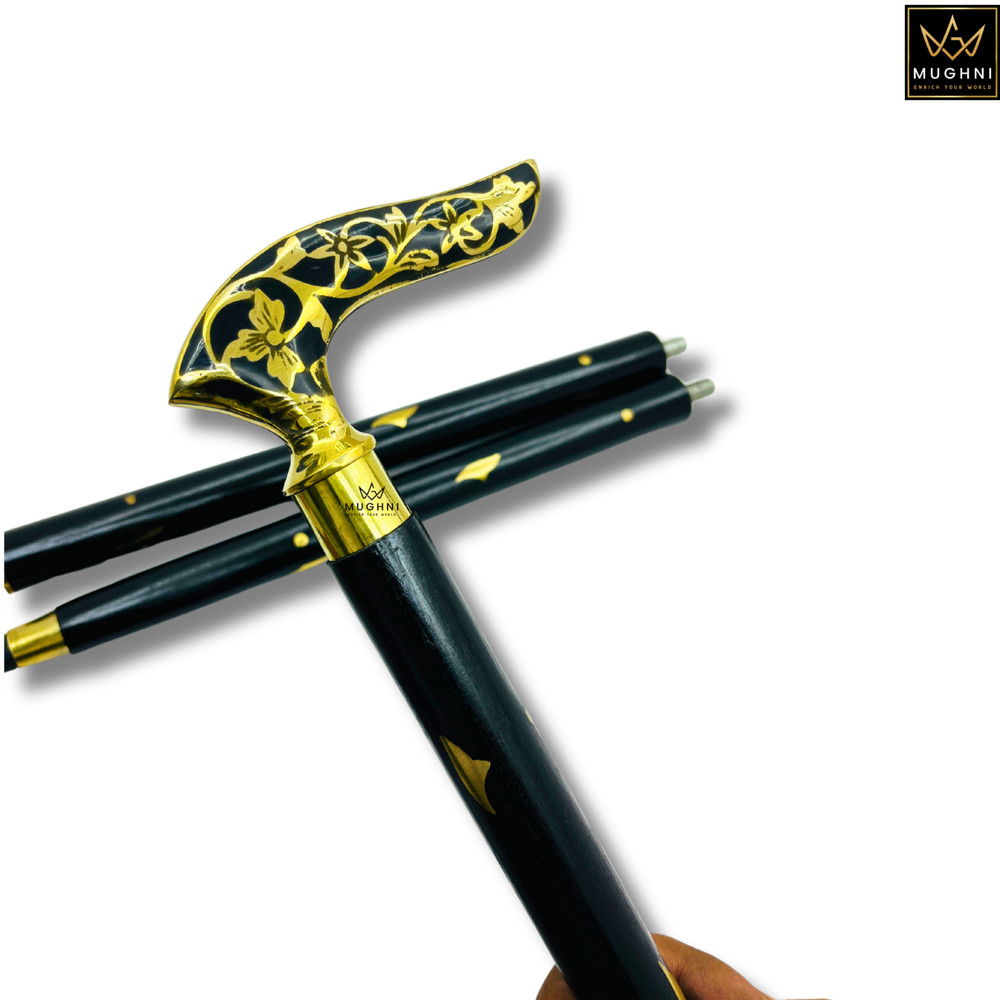 Walking Cane Foldable Brass Floral Handle Black Stick Mobility Gift Prop Use