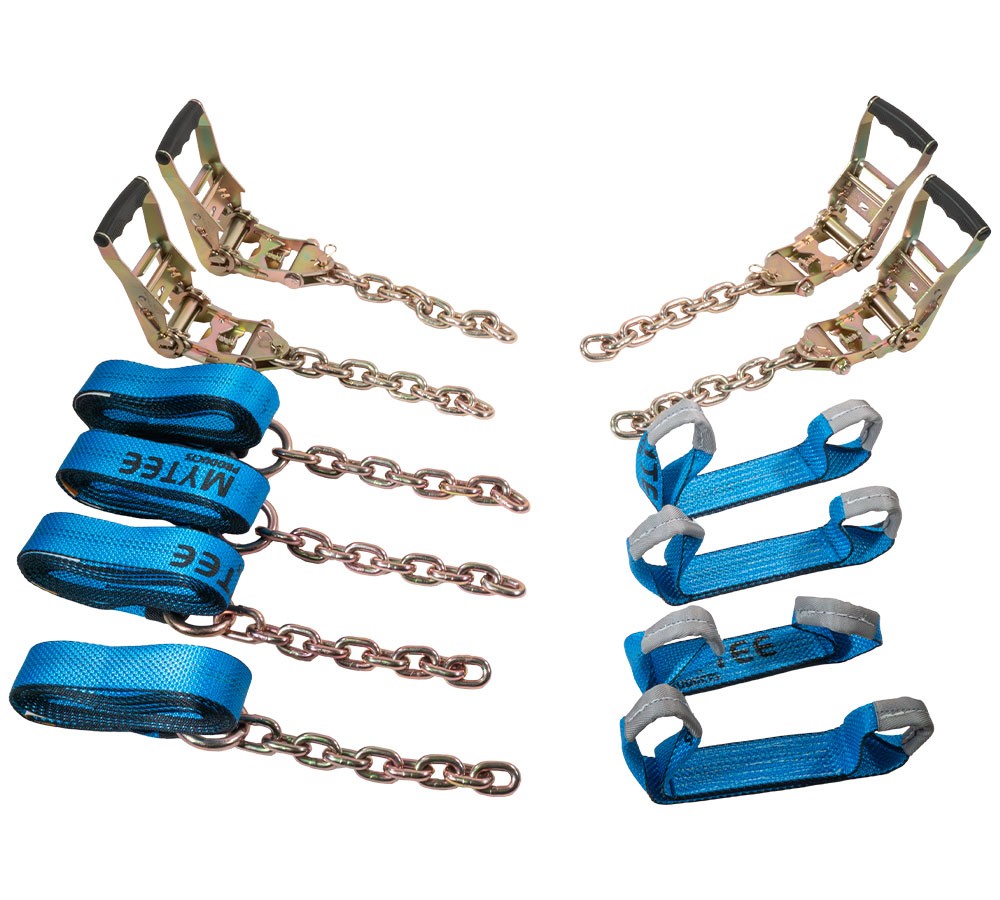 8 Point Roll Back Vehicle Tie Down Kit w/Chain Extension - 14' Straps - Blue