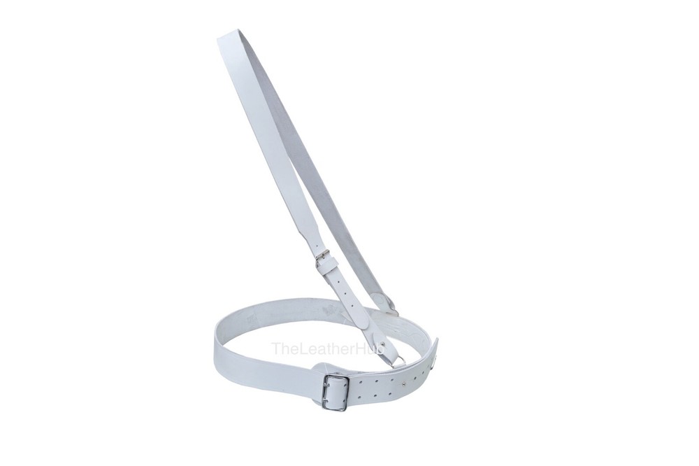 Sam Browne Belt White Leather, Adjustable Shoulder Strap, Sword Frog, Sword Knot