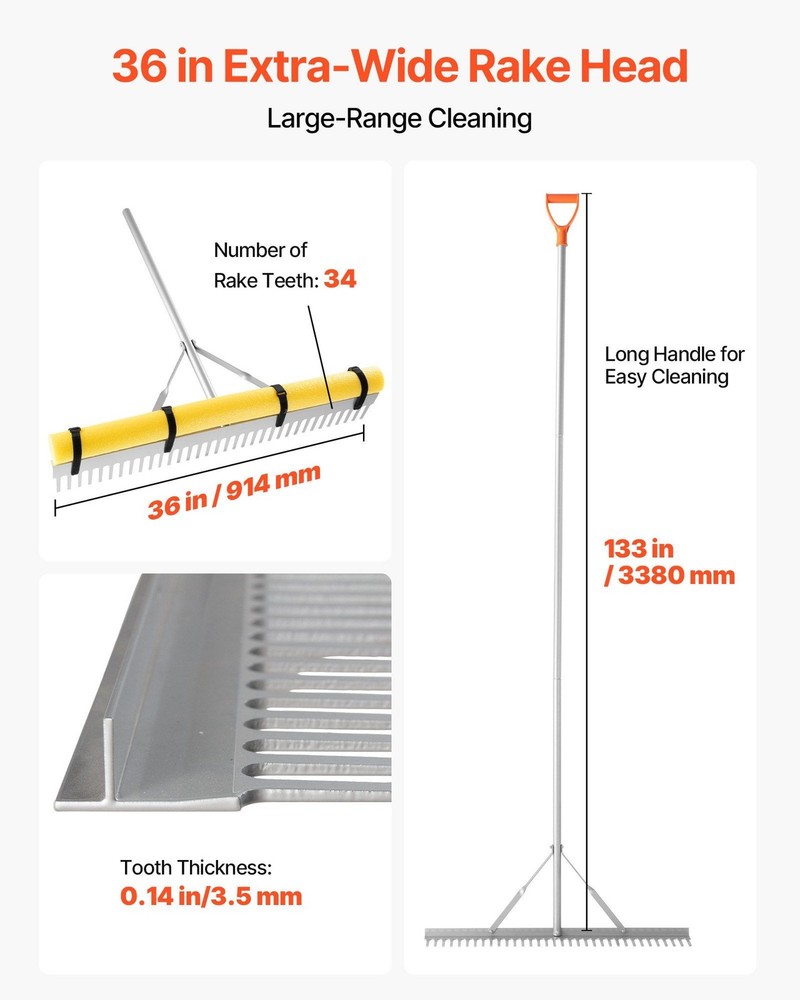 telescoping 102in aluminum rake 36in collection width secure fastener