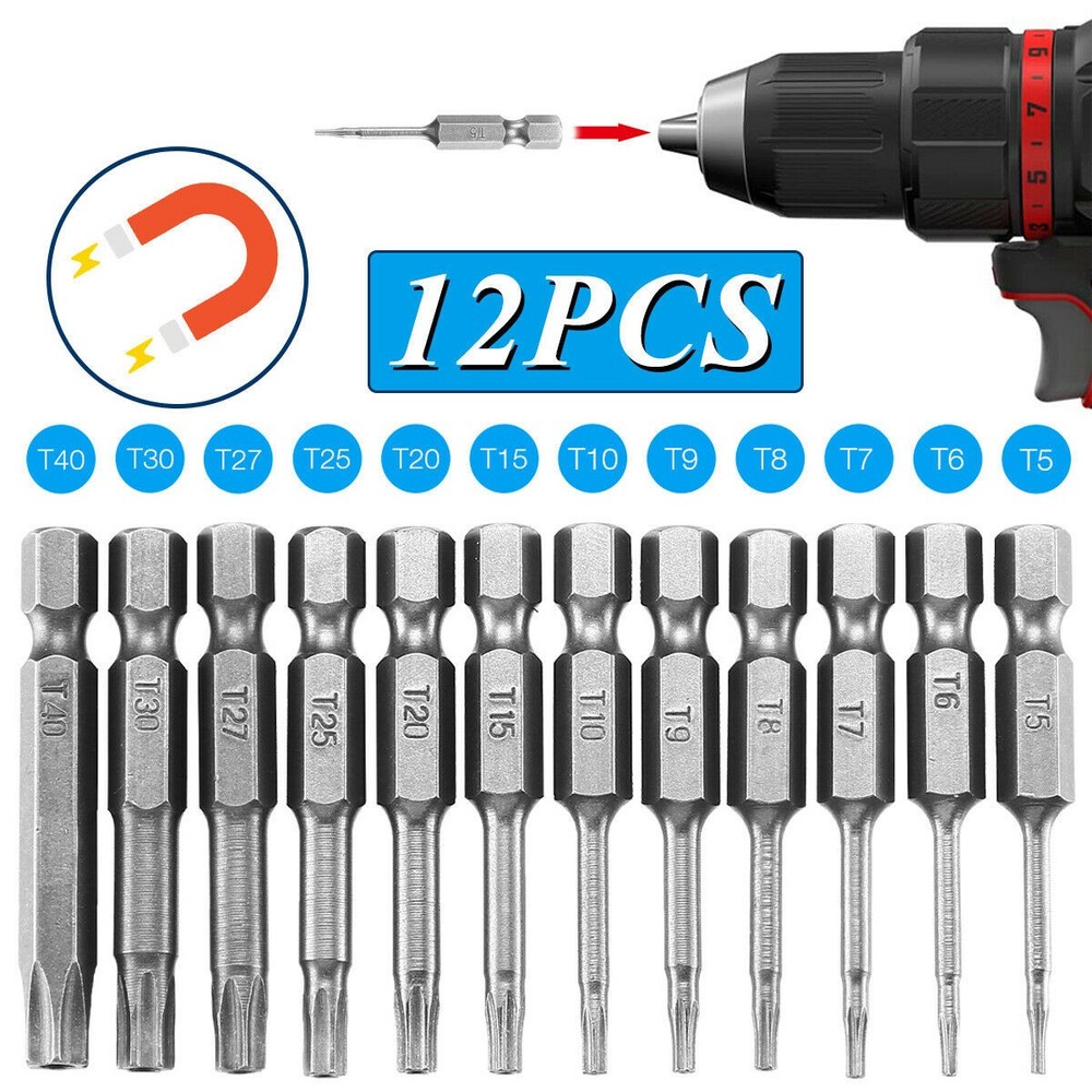 12Pack 50mm Tamper Proof Torx Head Magnetic Screwdriver Bits Flat Head 1/4" Hex