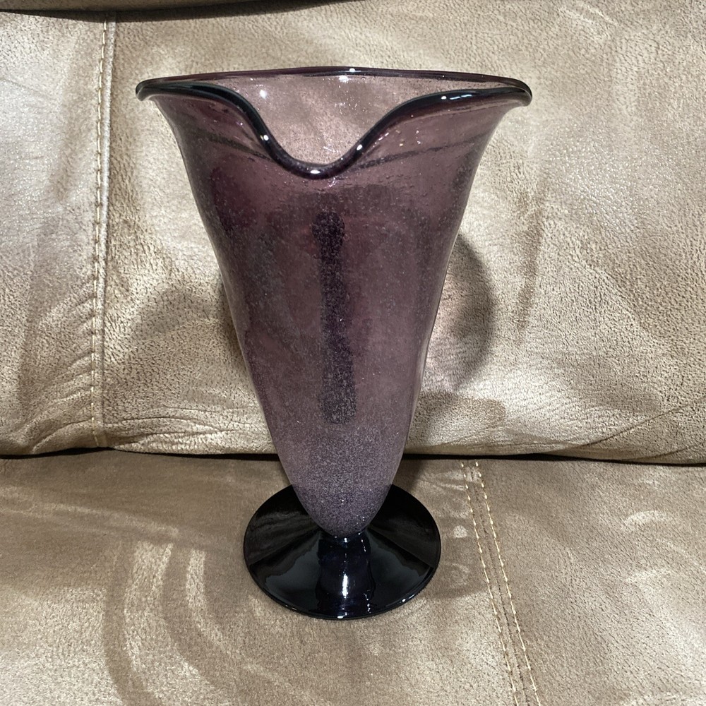 Handblown Controlled Bubble Purple Glass Pitcher with Applied Handle
