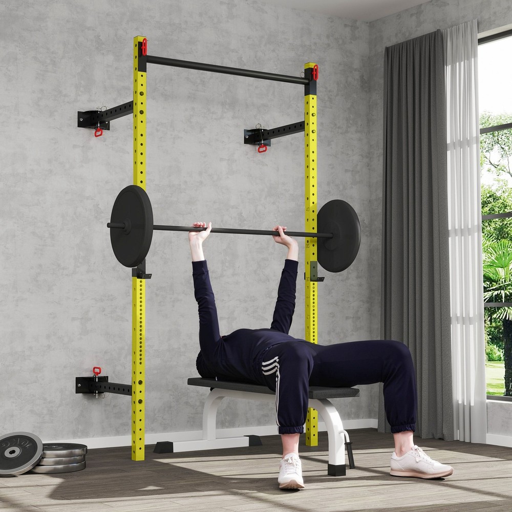 Folding Squat Rack with Pull Up Bar, 1000 Pounds Capacity, Yellow